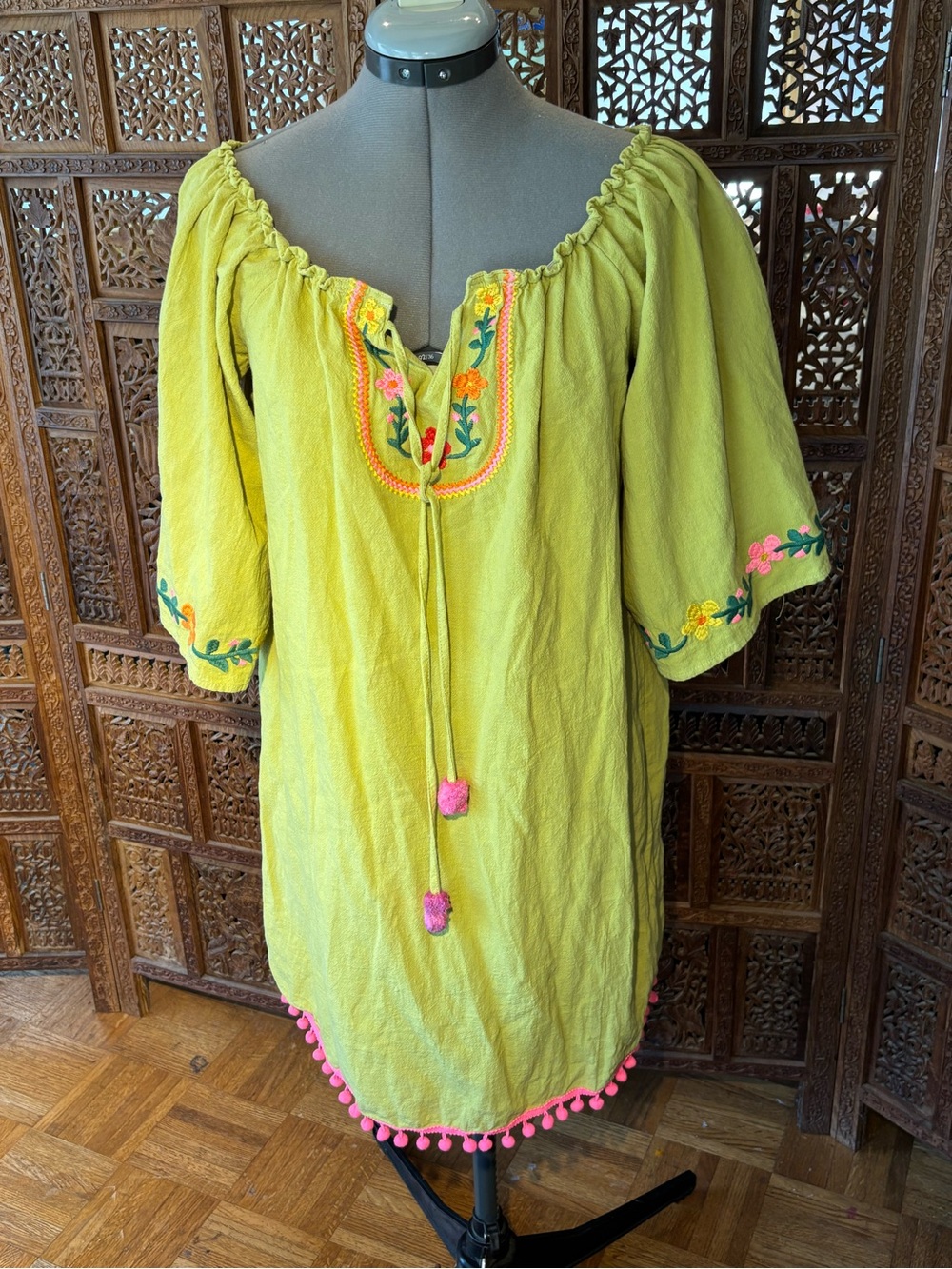 easel Lime Green Embroidered Peasant Midi Dress with Pink Pom Trim
